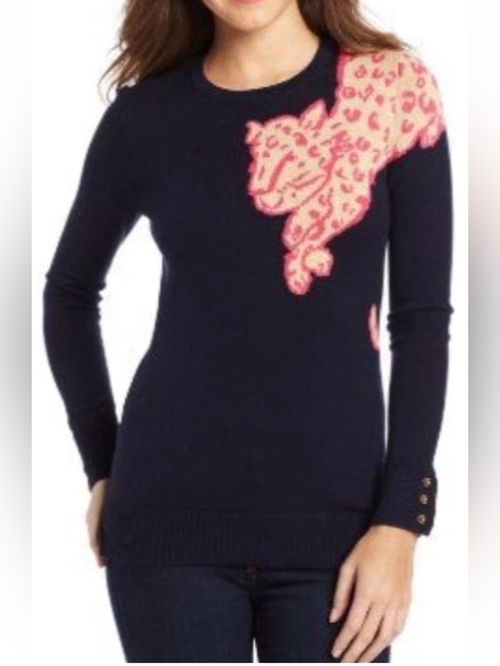 Lily Pulitzer Wool Women's Navy Sweater with Pink Leopard Accent